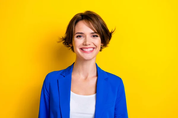 Photo Portrait Cheerful Positive Attractive Woman Wear Blue Jacket Office — Fotografia de Stock
