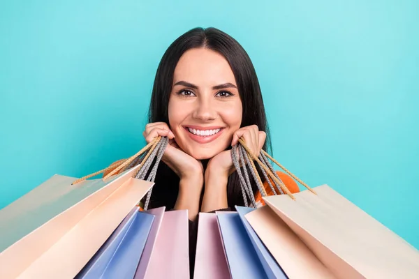Photo Cheerful Shiny Woman Wear Striped Sweater Smiling Holding Shoppers — Stock Photo, Image