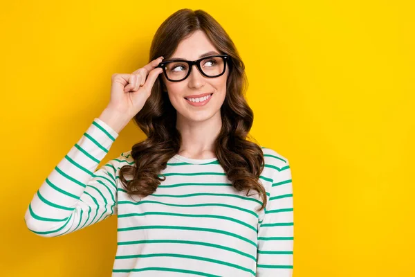 Photo Smart Intelligent Person Young Attractive Girl Touch Eyewear Optician — Stockfoto