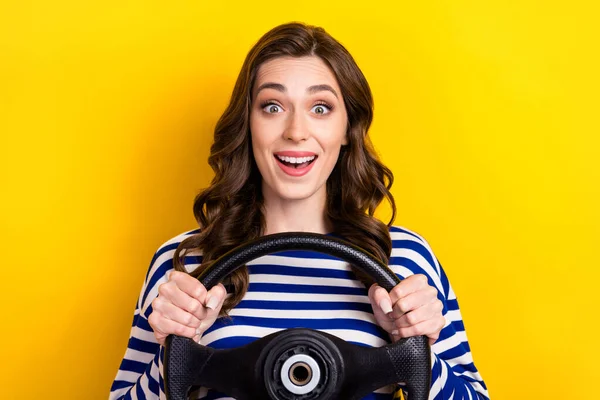 Photo Overjoyed Excited Funny Woman Drive Steering Wheel Fast Speed — Stockfoto