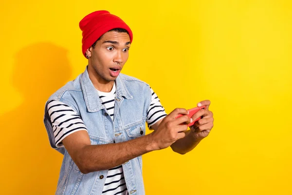 Photo Worried Nervous Man Wear Trendy Clothes Playing Game New — Stok fotoğraf