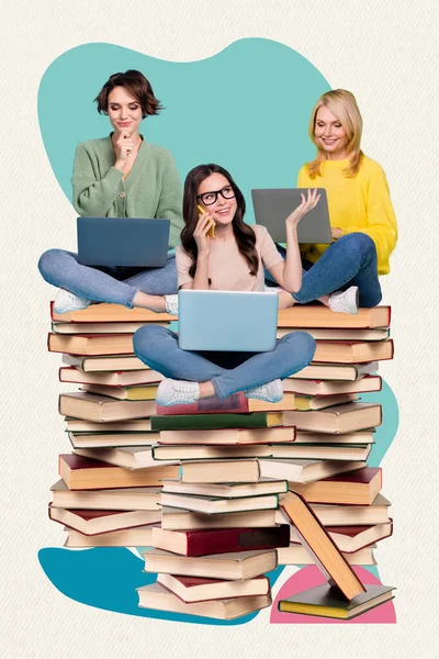 Collage Photo Young Business People Girls Online Library Prepare Professional — Stockfoto