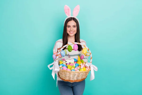 Photo Glad Lady Hold Easter Basket Prepare Church Wear Rabbit — Stok fotoğraf
