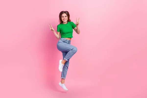 Full Length Photo Cute Excited Lady Dressed Green Shirt Jumping — Stock Photo, Image