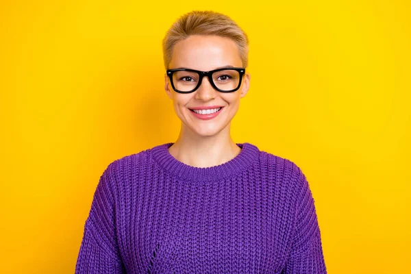 Photo Positive Intelligent Lady Toothy Smile Get New Position Rejoice — Stockfoto