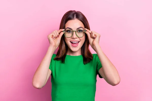 Photo Adorable Astonished Lady Hands Touch Glasses Open Mouth Isolated — Stockfoto