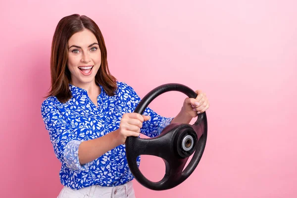 Photo Impressed Positive Girl Arms Hold Wheel Driving Empty Space — Stockfoto