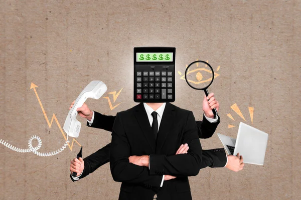 Creative Photo Collage Artwork Illustration Headless Man Calculator Instead Head — Stock Photo, Image