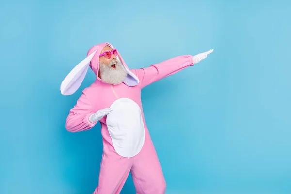 Photo Impressed Cheerful Retired Guy Wear Pink Hare Sleepwear Heart — Zdjęcie stockowe