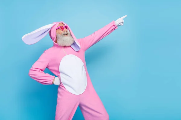 Photo Cool Positive Retired Guy Wear Pink Hare Sleepwear Heart — Stock Photo, Image