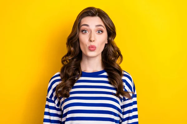 Photo Adorable Sweet Young Lady Wear Striped Shirt Sending You — Fotografia de Stock