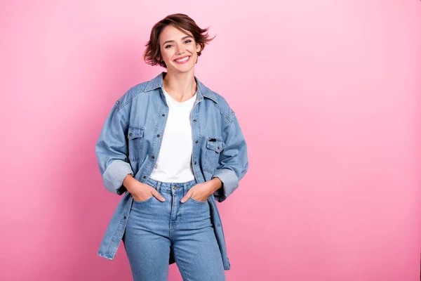 Photo poster advertisement of young model posing hands pockets retro style denim shirt with jeans sale season isolated on pink color background.