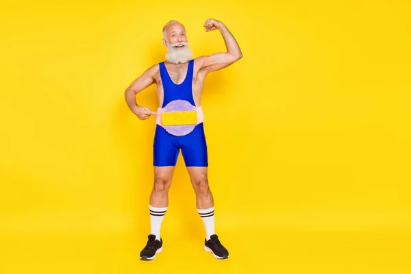 Photo Sportive Confident Man Pensioner Dressed Blue Overall Triumph Belt — Foto de Stock