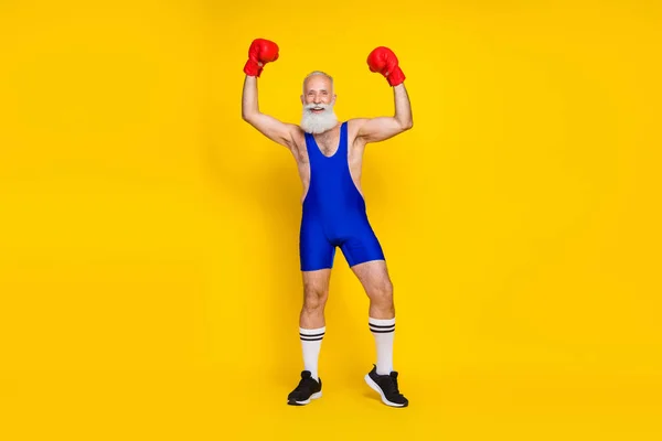 Full Length Portrait Delighted Person Raise Fists Hands Wear Boxing — Photo