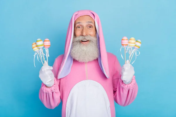 Photo Funky Excited Retired Man Wear Pink Hare Pajama Rising — Stockfoto