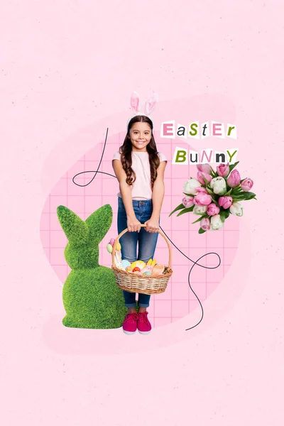 Creative Image Invitation Collage Little Kid Wear Bunny Costume Enjoy — Stockfoto