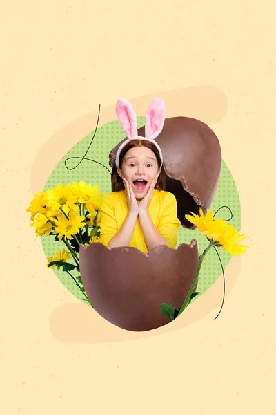 Creative Postcard Collage Funny Kid Girl Easter Rabbit Character Open — Stok fotoğraf