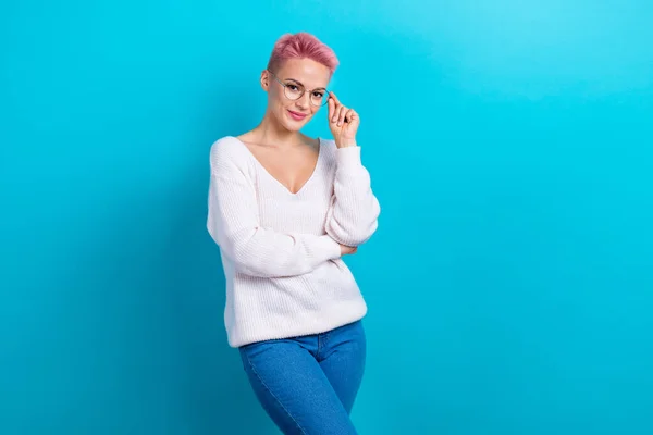 Photo Positive Charming Young Woman Wear White Pullover Denim Jeans — Stock Photo, Image
