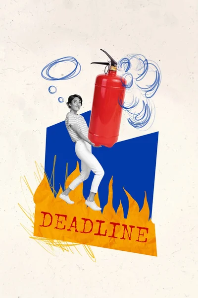 Yaratıcı Dergi Afiş Kolajı Bayan Itfaiyeci Yangın Söndürücü Tutun Sıcak — Stok fotoğraf