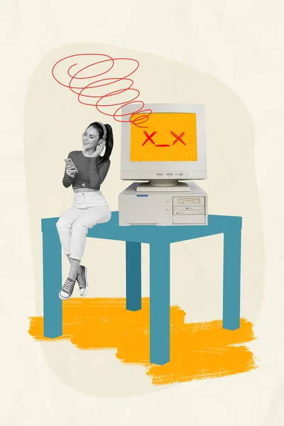 写真漫画スケッチコラージュ幸せな笑顔の女性の歌を聞いてヴィンテージコンピュータが壊れた孤立した図面の背景の絵 — ストック写真
