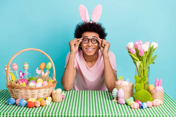Photo Youngster Guy Holiday Spring Easter Hold Eyeglasses Rabbit Ears — Zdjęcie stockowe