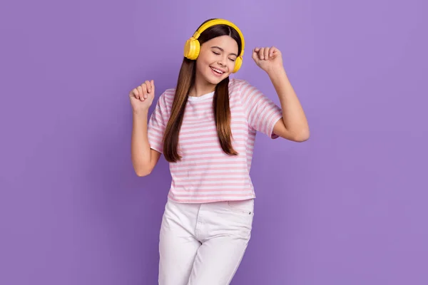Photo Dreamy Shiny Girl Dressed Striped Shirt Closed Eyes Dancing — Foto Stock