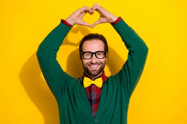 Portrait Cheerful Classy Person Toothy Smile Arms Show Heart Gesture — Stock Photo, Image
