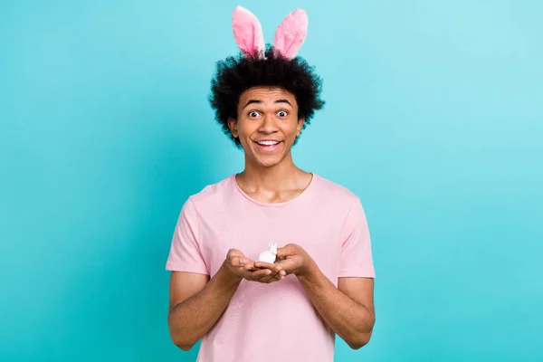 Portrait of young surprised reaction man wear t-shirt pink rabbit ears headband hold miniature bunny toy isolated on aquamarine color background.