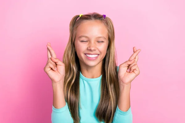 Portrait Photo Youngster Little Preteen Schoolgirl Toothy Smile Fingers Crossed — ストック写真