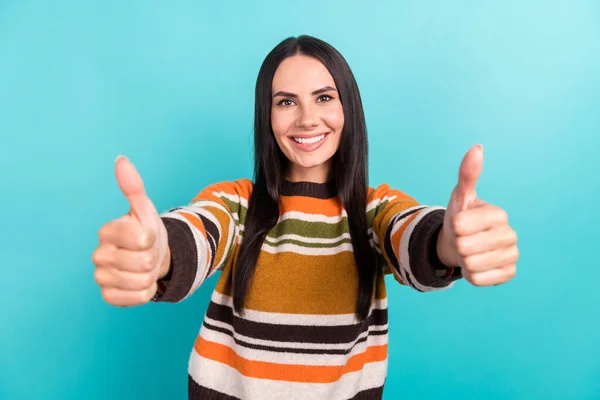 Photo of cheerful positive young girl recruiter recommend you like candidate thumbs up recruiter good job vacancy isolated on cyan color background.