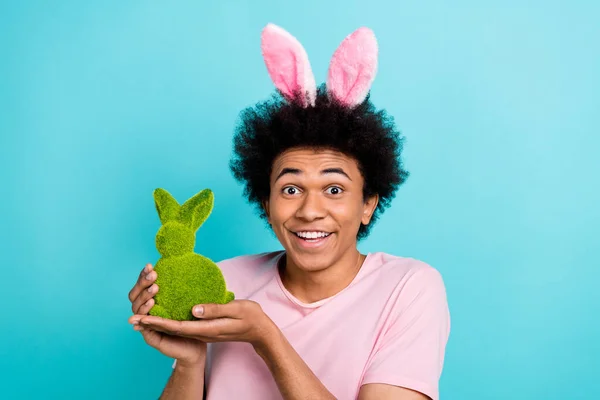 Closeup Portrait Youngster Man Play Easter Springtime Gift Green Rabbit — Zdjęcie stockowe