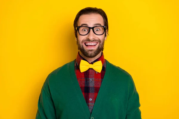 Photo Portrait Young Handsome Man Eyewear Toothy Cheerful Impressed Dressed — стоковое фото