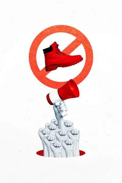 Vertical Banner Poster Activist Winter Red Boots Advert Stop Produce — Fotografia de Stock