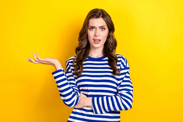 Photo Portrait Lovely Young Lady Irritated Argue Frowning Outraged Wear — Stock Photo, Image