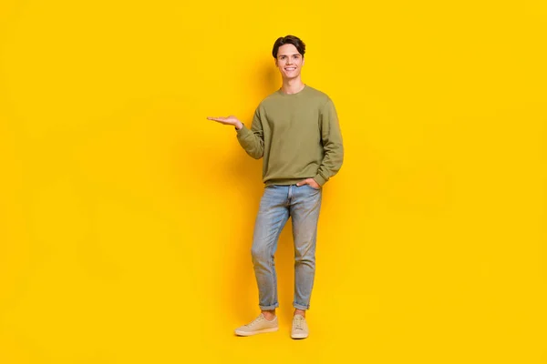 Full length photo of cheerful man wear fashionable clothes arm presenting empty space low prices offer isolated on yellow color background.