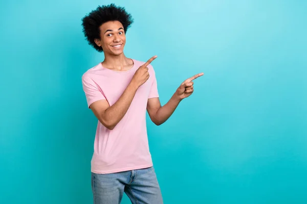 Photo Positive Cheerful Guy Dressed Pink Shirt Having Pointing Two — Stockfoto