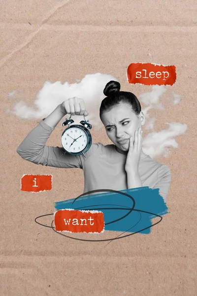 Creative magazine collage picture of unhappy tired lady wake up early look clock want sleep more on weekends.