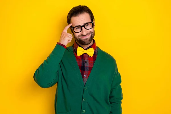 Photo Portrait Young Handsome Man Eyewear Finger Touch Temple Think — Foto Stock