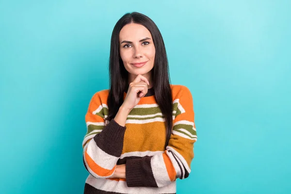 Photo Smart Clever Woman Wear Striped Sweater Smiling Arm Chin — Foto de Stock
