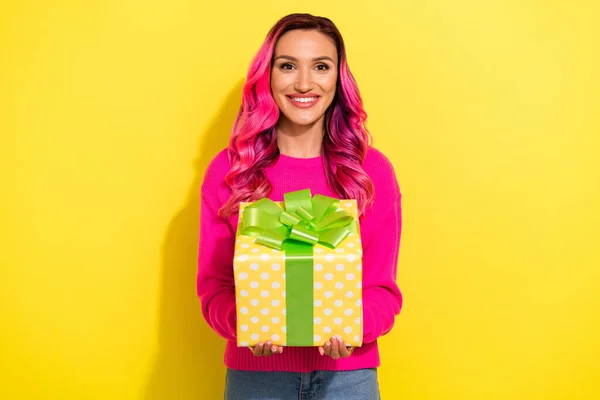 Photo Youth Blogger Lady Hold Gift Package Give Birthday Guest —  Fotos de Stock
