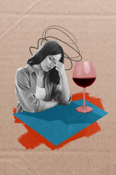 Poster Magazine Creative Collage Sad Lady Sit Pub Table Order — стоковое фото