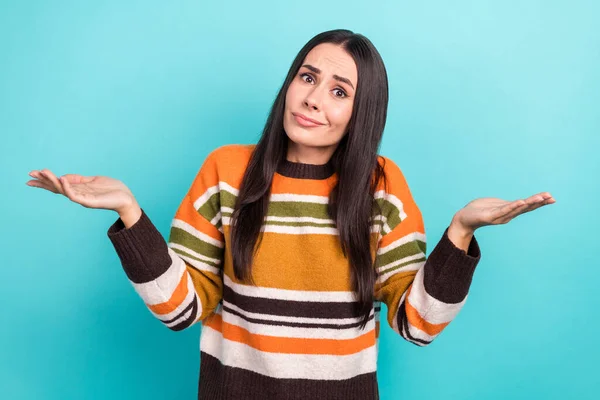 Photo Cute Doubtful Woman Wear Striped Sweater Shrugging Shoulders Isolated — Stock Photo, Image