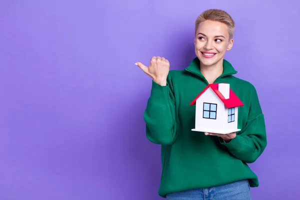 Photo Pretty Nice Person Hold Small House Look Direct Finger — Stock Photo, Image