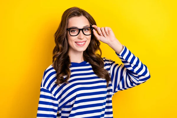 Photo Positive Satisfied Lady Wear Striped Shirt Touch Her Glasses — Zdjęcie stockowe