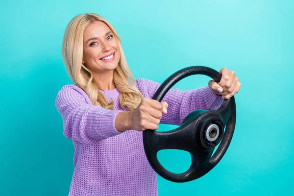 Portrait Nice Cheerful Lady Toothy Smile Arms Hold Wheel Isolated — Stockfoto