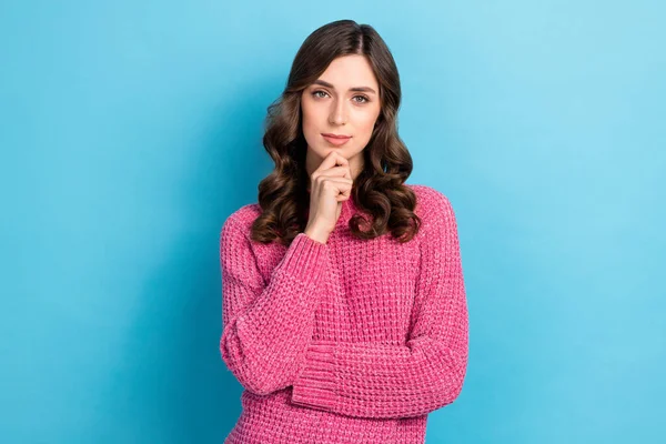 Photo of adorable gorgeous lady dressed pink quality clothes thinking question solving task isolated on blue color background.