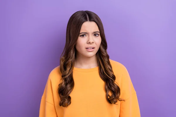 Photo Nervous Lady Girl Wear Orange Trendy Clothes Suspicious Look — Stock Fotó