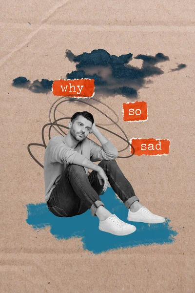 Creative Banner Poster Picture Collage Upset Young Guy Sit Floor — Photo