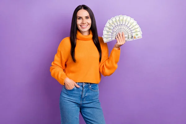 Photo Young Positive Businesswoman Hold Much Banknotes First Profit Startup — Stock Photo, Image