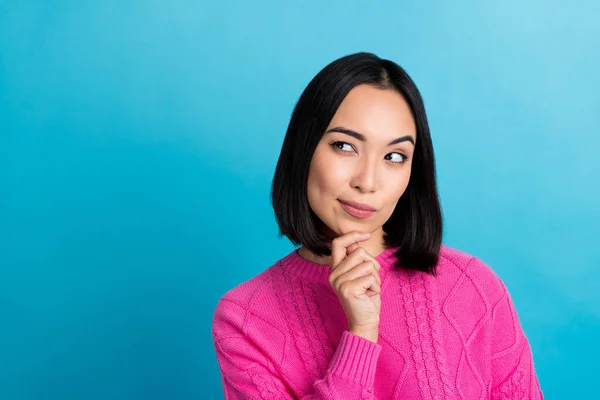 Portrait Funny Suspicious Minded Woman Wear Pink Knitted Jumper Touch — Stockfoto